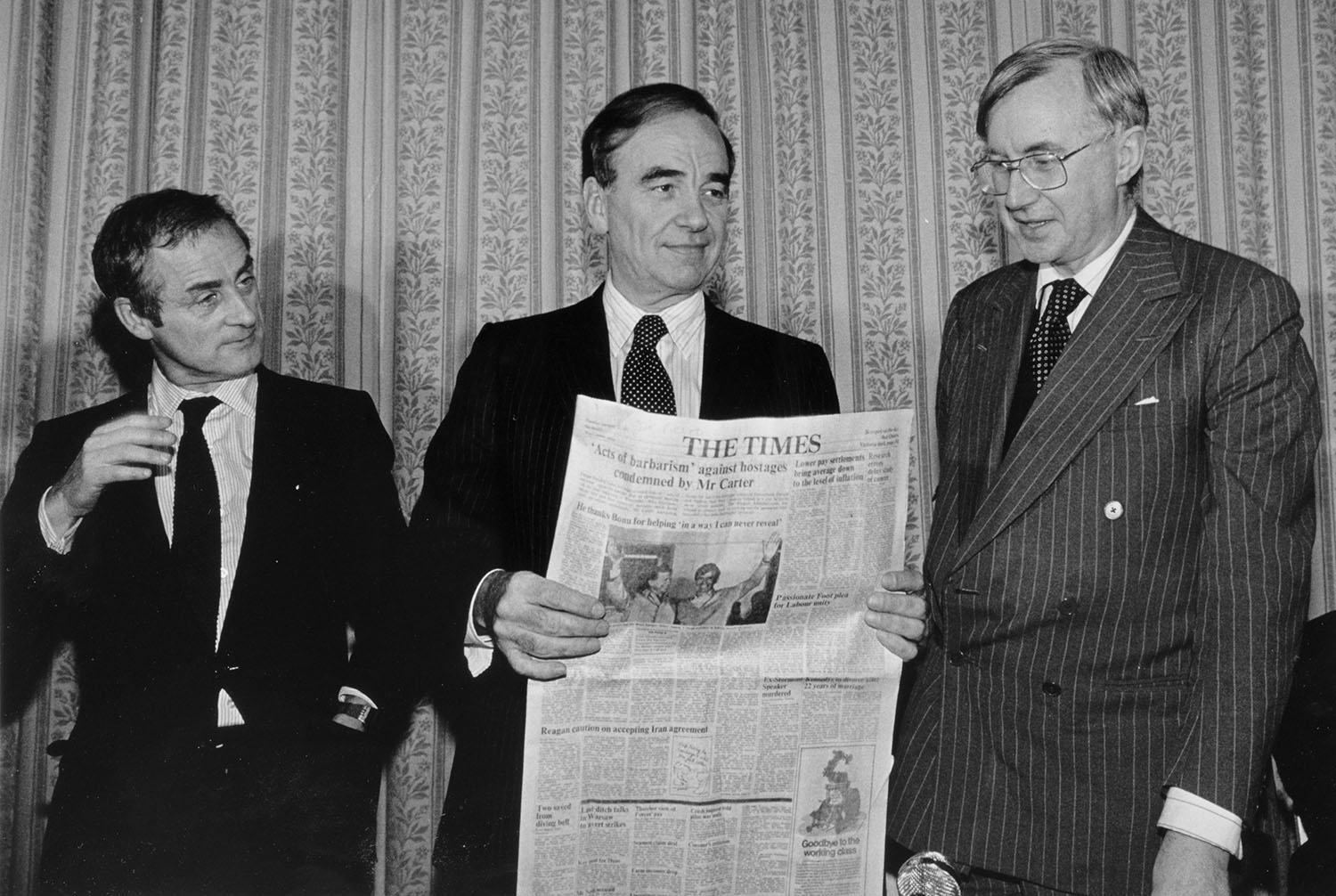 Rupert Murdoch, the new owner of Times Newspapers with his editors Harold Evans and William Rees Mogg